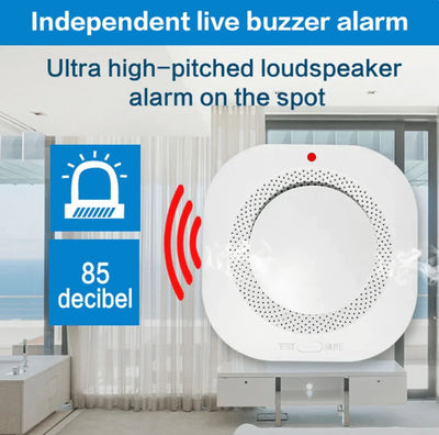 Rookmelder met luid alarm van 85 decibel, modern design, voor huis beveiliging.