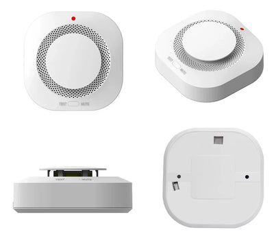 Witte rookmelder met test- en mute-knop, vier aanzichten, geschikt voor huisbeveiliging