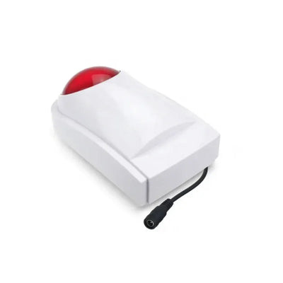 Witte elektronische sirene met rode lamp en aansluitkabel, ideaal voor alarmsystemen en beveiliging.