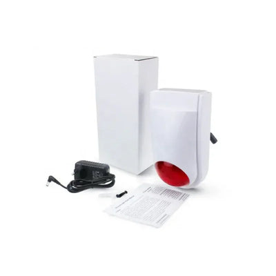 Draadloze alarmsirene met rood licht, adapter, handleiding en montageonderdelen op witte achtergrond
