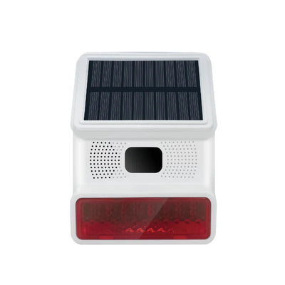 Witte solar beveiligingsalarm met zonnepaneel, sensor en rode LED-lamp, frontaal zichtbaar