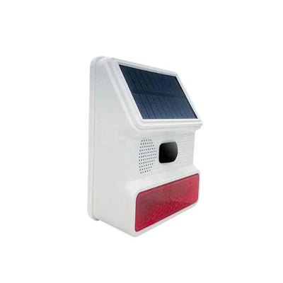 Witte draadloze alarmsirene met zonnepaneel en rode LED, geschikt voor huisbeveiliging.