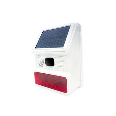 Witte draadloze zonnepaneel alarm sirene met rode led-licht, geschikt voor buitenbeveiliging