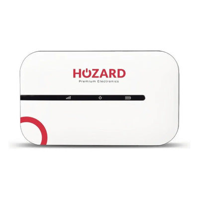 Witte draagbare wifi-router met LED-indicatoren en Hozard-logo, elektronica product