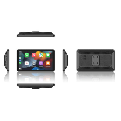 Multifunctioneel auto dashboard display met touchscreen, apps en diverse aansluitingen, meerdere zijaanzichten