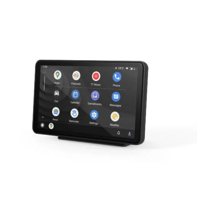 Zwart digitaal display met Android-interface en app-iconen, elektronica product op wit