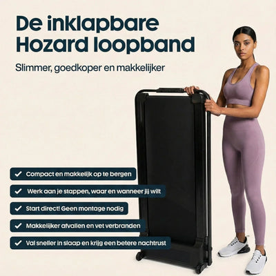 Vrouw in sportkleding met inklapbare loopband, compact fitnessapparaat thuis, makkelijk opbergen.
