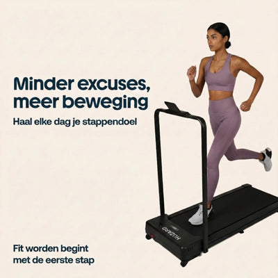 Vrouw loopt op een loopband in sportkleding, promotie voor thuissport elektronica.