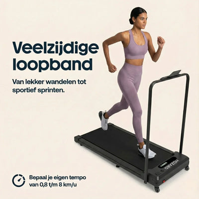 Vrouw rent op elektrische loopband, fitnessapparaat voor wandelen en sprinten, instelbare snelheid.