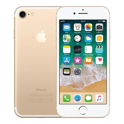 Gouden iPhone 7 32GB met touchscreen, homeknop en zichtbaar Apple-logo, vooraanzicht en achteraanzicht.