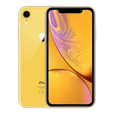 Gele iPhone XR, voor- en achterkant zichtbaar met kleurrijk scherm en enkele camera.