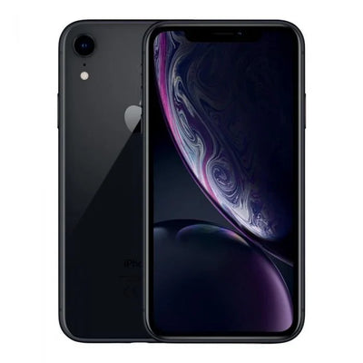 Zwarte iPhone XR voorkant en achterkant, smartphone met groot scherm en camera