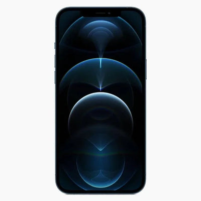 Refurbished iPhone 12 Pro blauw, voorkant, met donker scherm en afgeronde hoeken